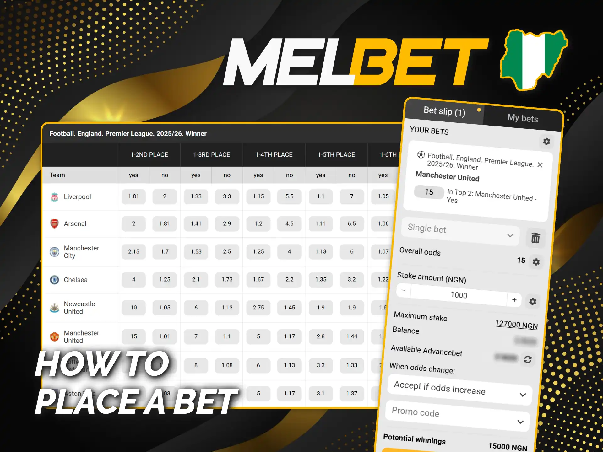 Place bets easily on Melbet Nigeria's sports or live.