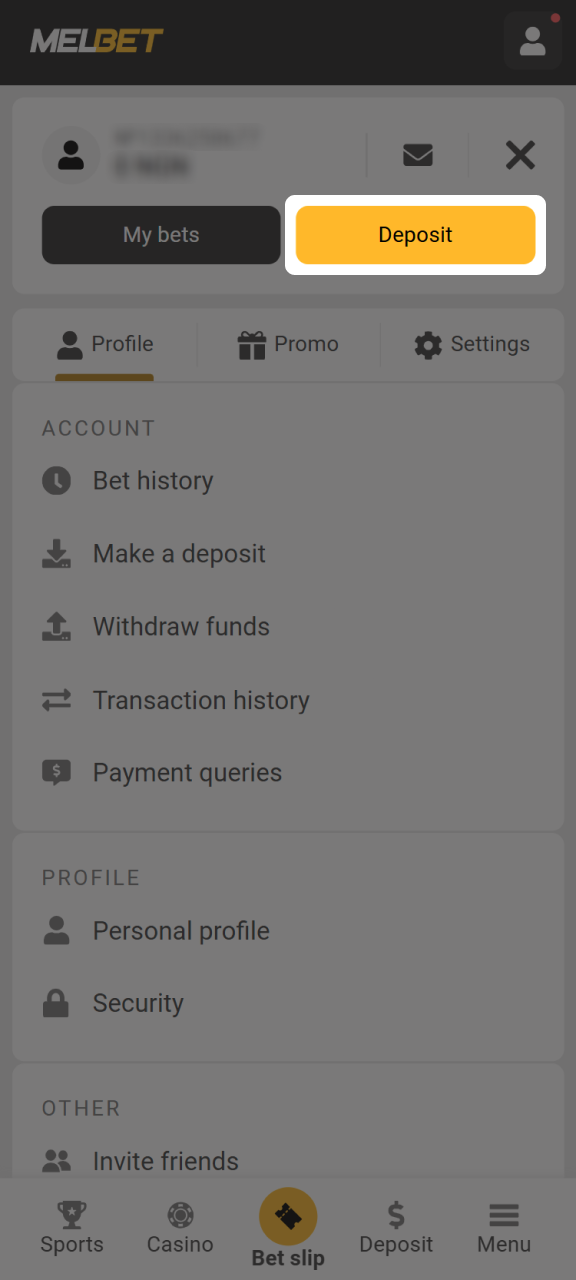 Go to Melbet page or app and tap the deposit button.