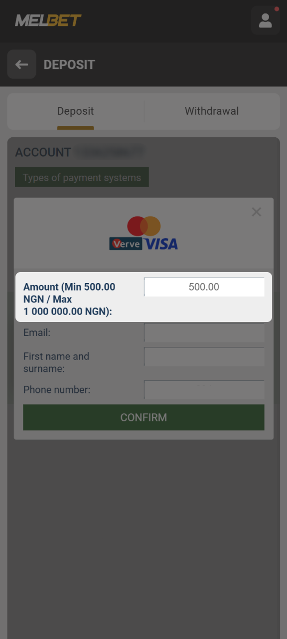 Enter the deposit amount at Melbet Nigeria official website.