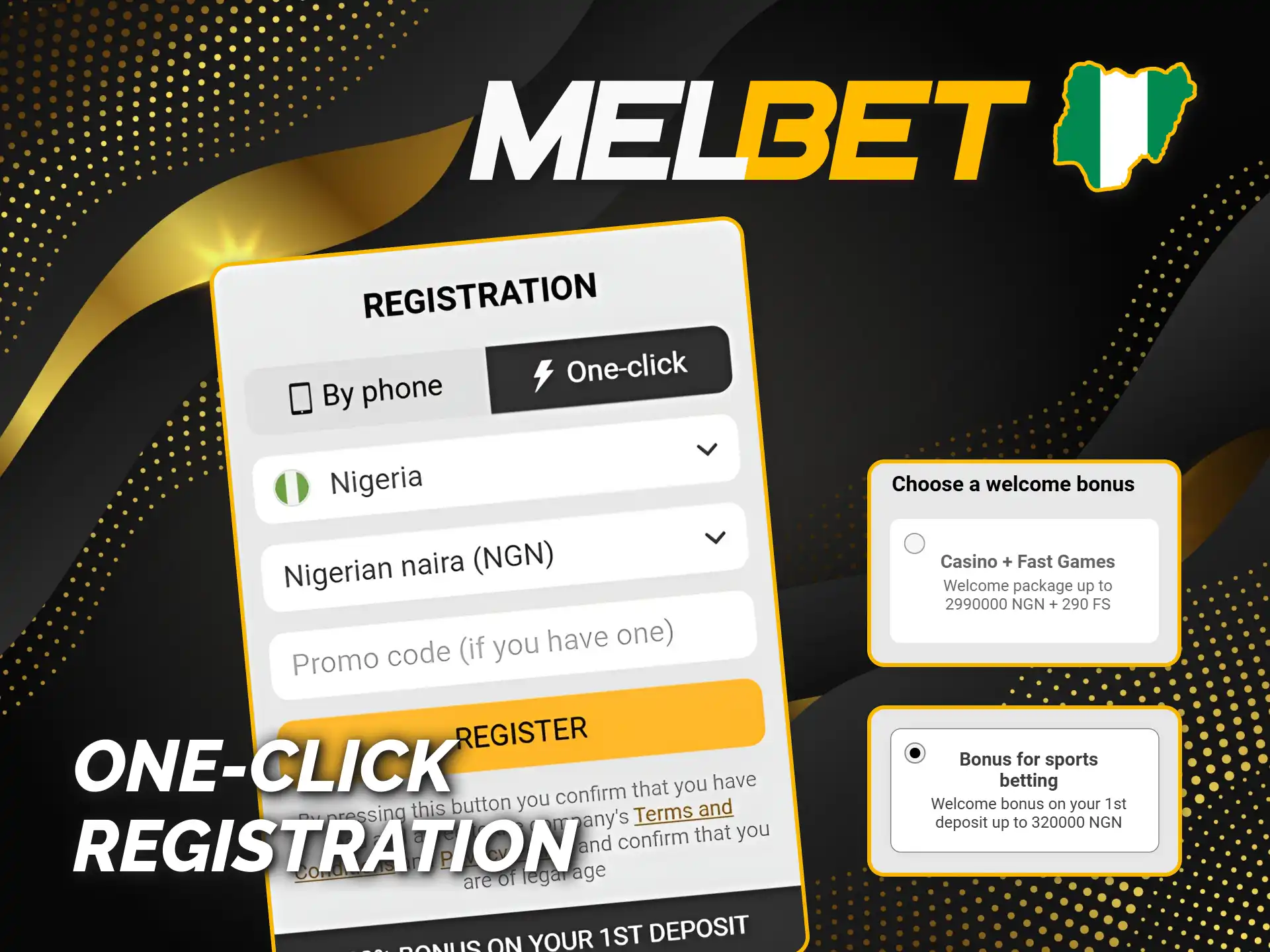 Register at Melbet with one click for casino and betting.