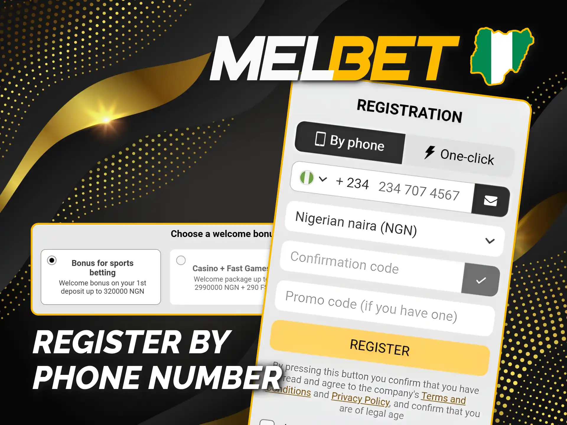 Confirm your phone for Melbet account registration in Nigeria.