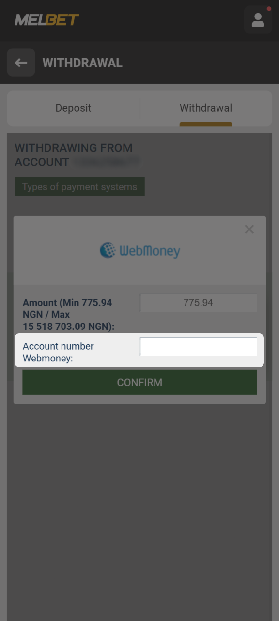 Add the details to withdraw funds from your Melbet account.