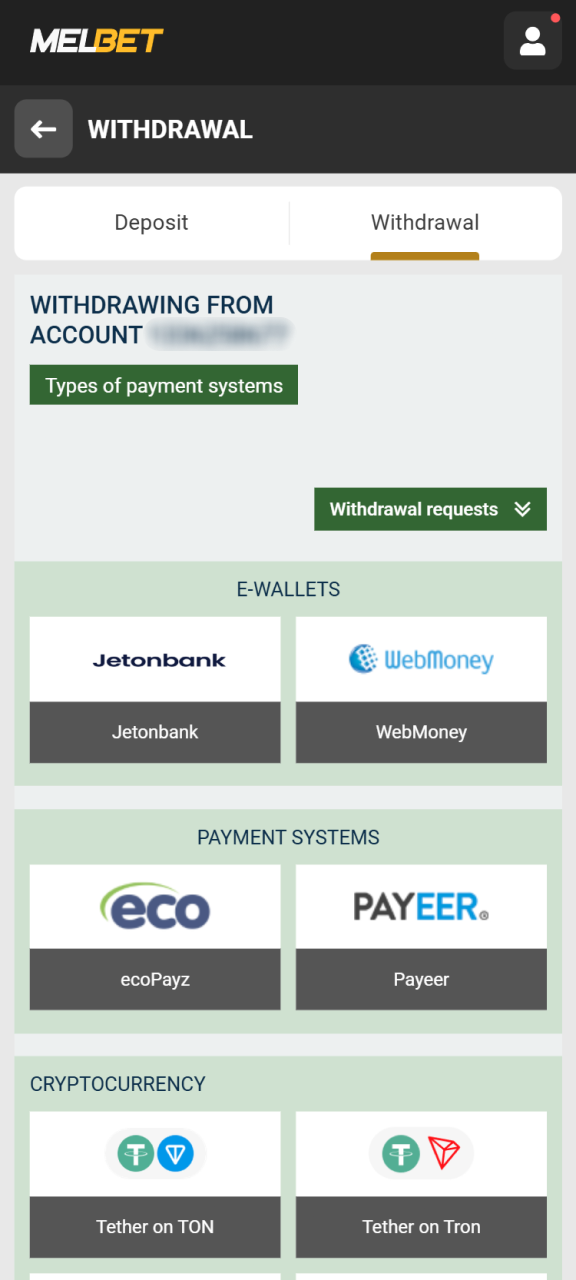 Proceed by choosing withdrawal method at Melbet Nigeria official website.