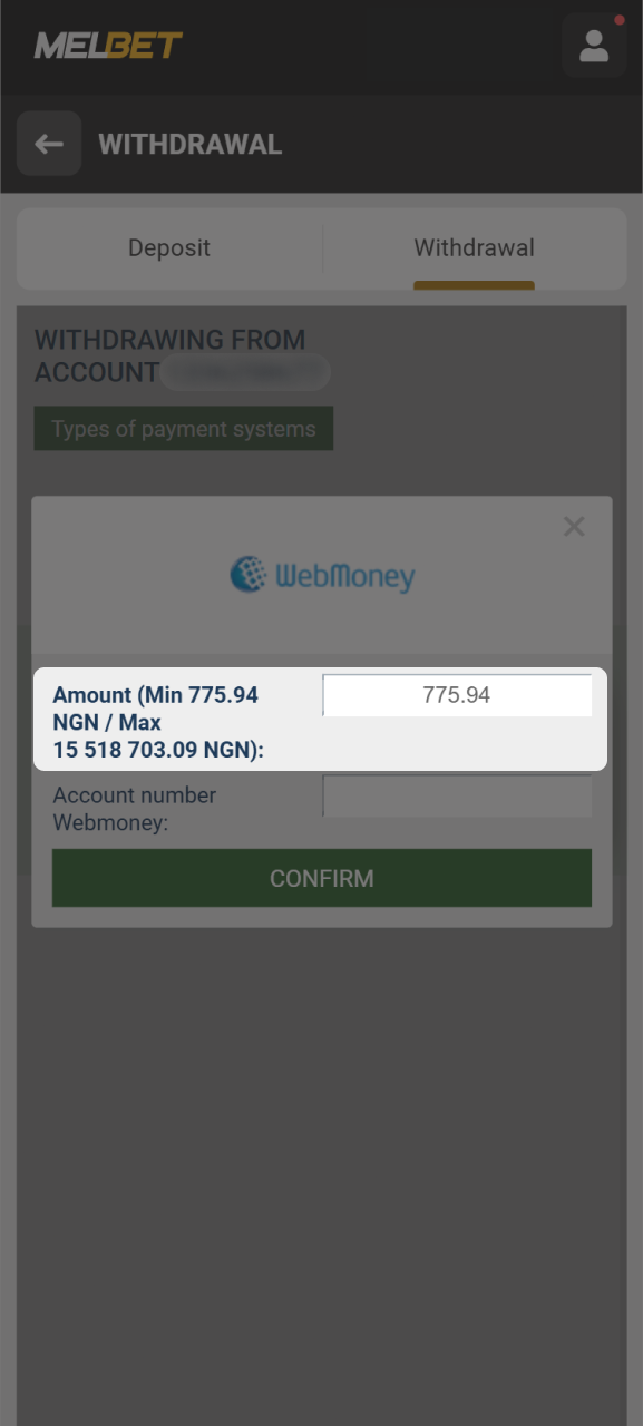 Specify the amount to withdraw from Melbet in Kenya.