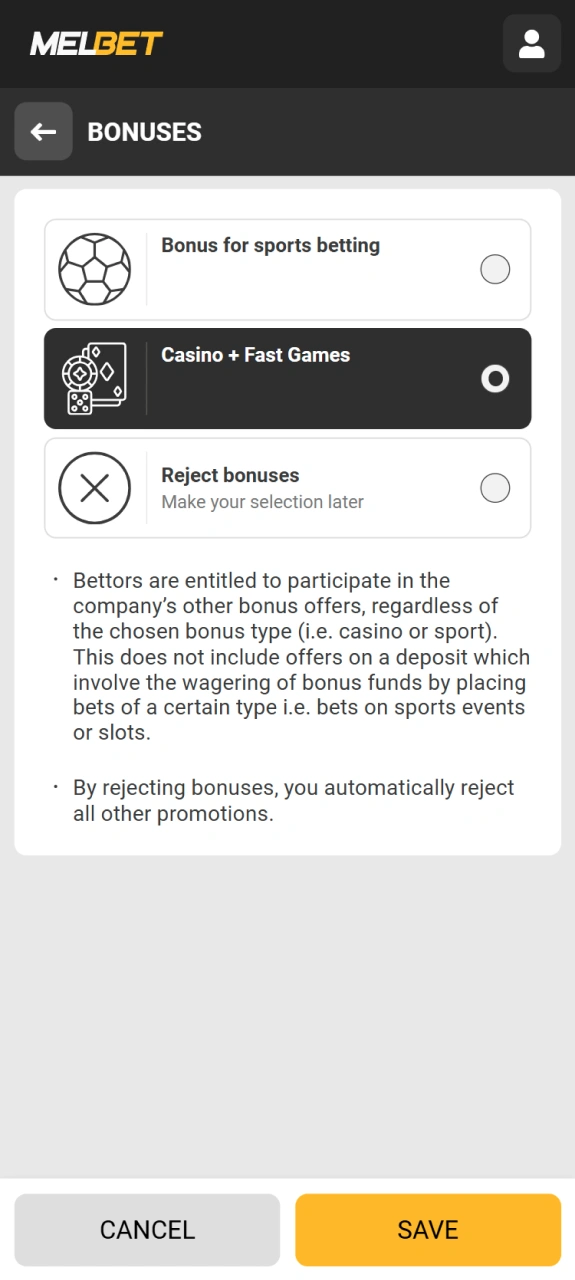Choose and activate your bonus in Melbet Nigeria official app.