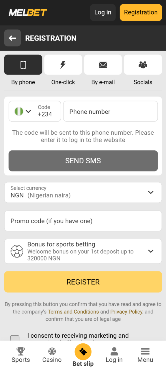 Select sports or casino bonus when registering in Melbet application.