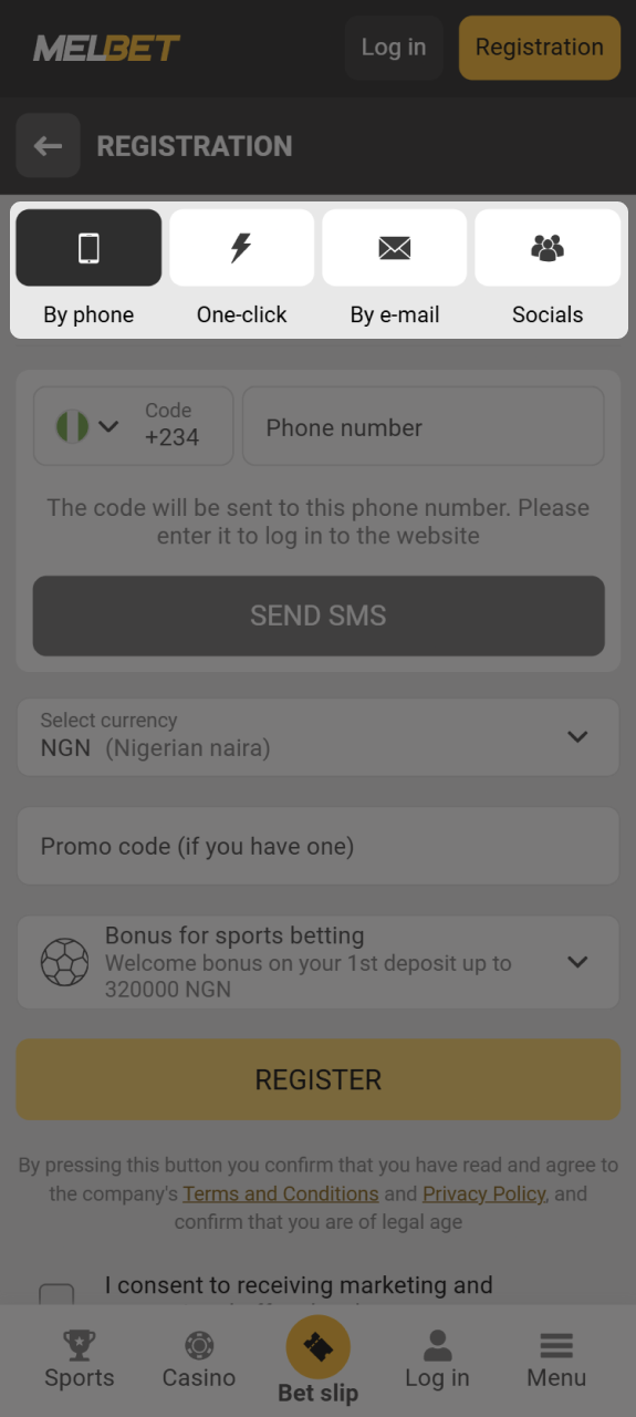 Pick your preferred Melbet registration option from mobile app.