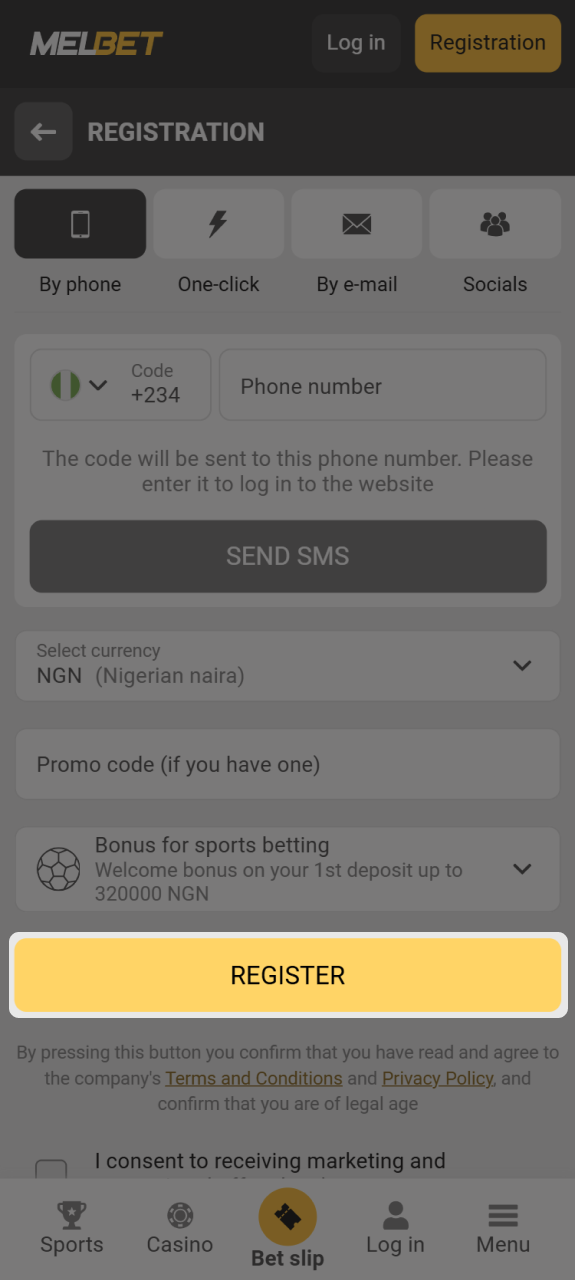 Complete Melbet app registration by clicking the Register button.