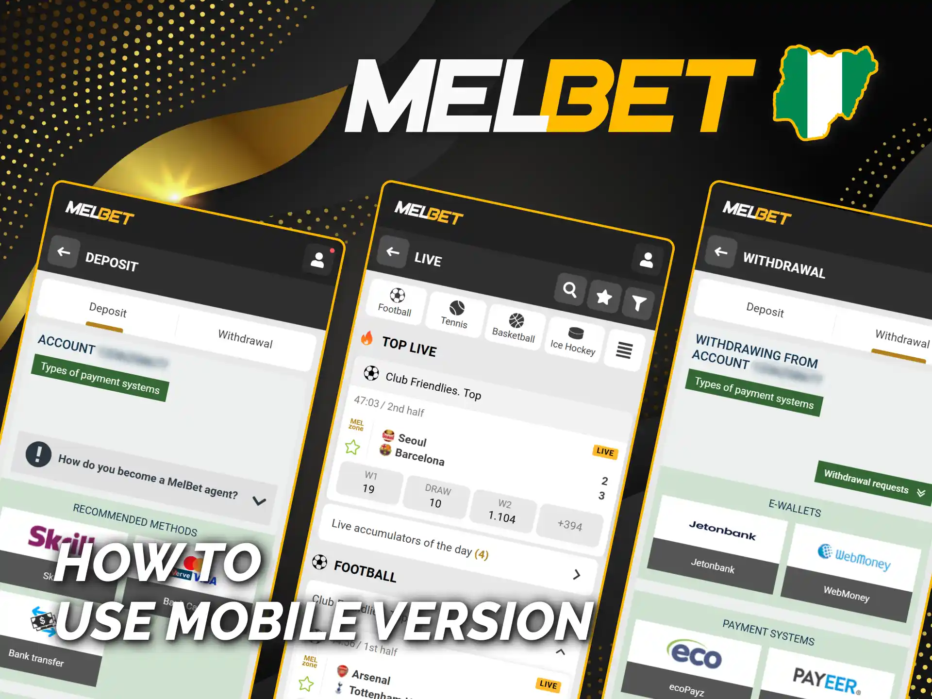 Browse sports and games on Melbet Nigeria mobile version.