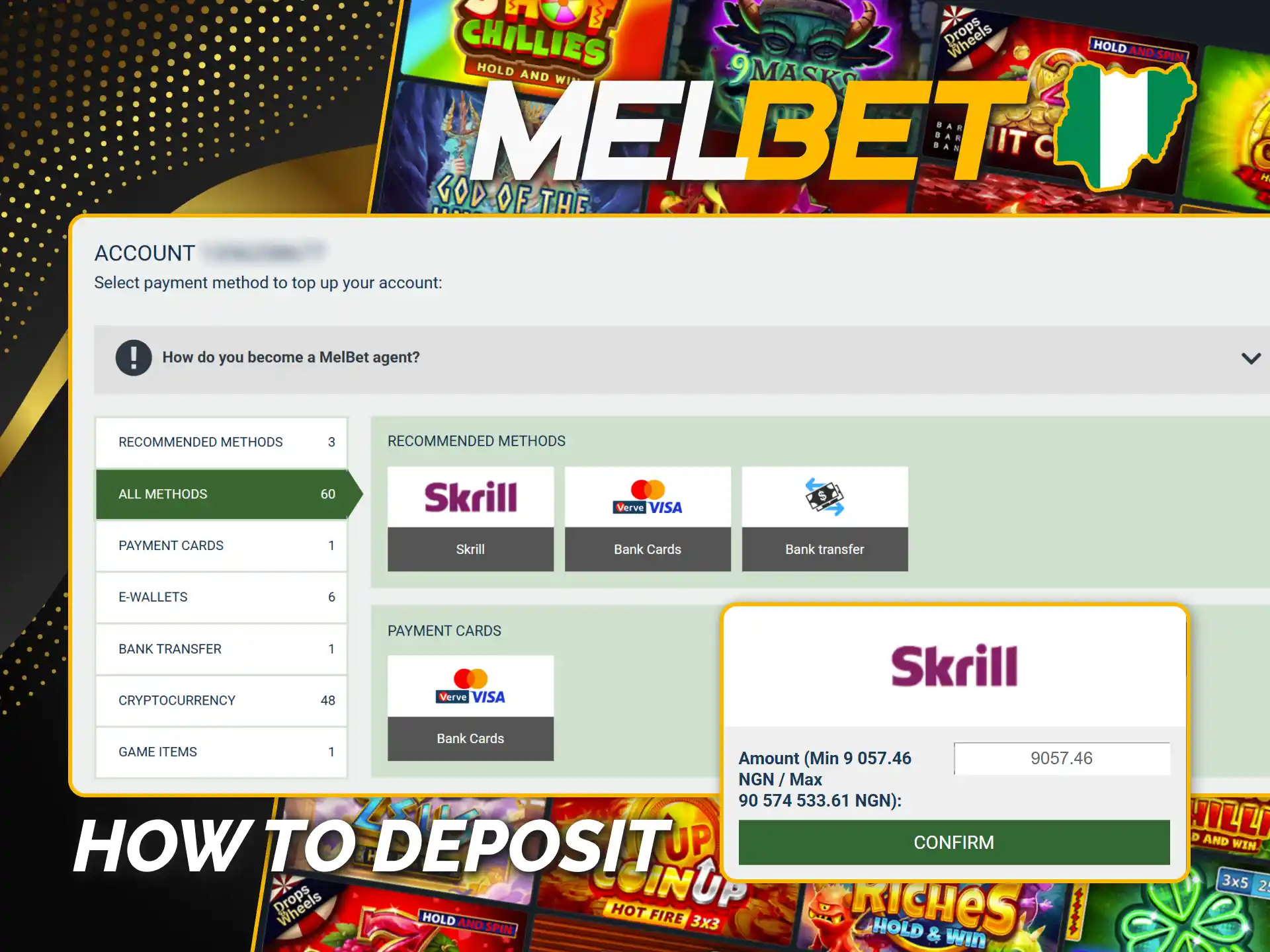 Fund your account to play real-money Melbet casino games.