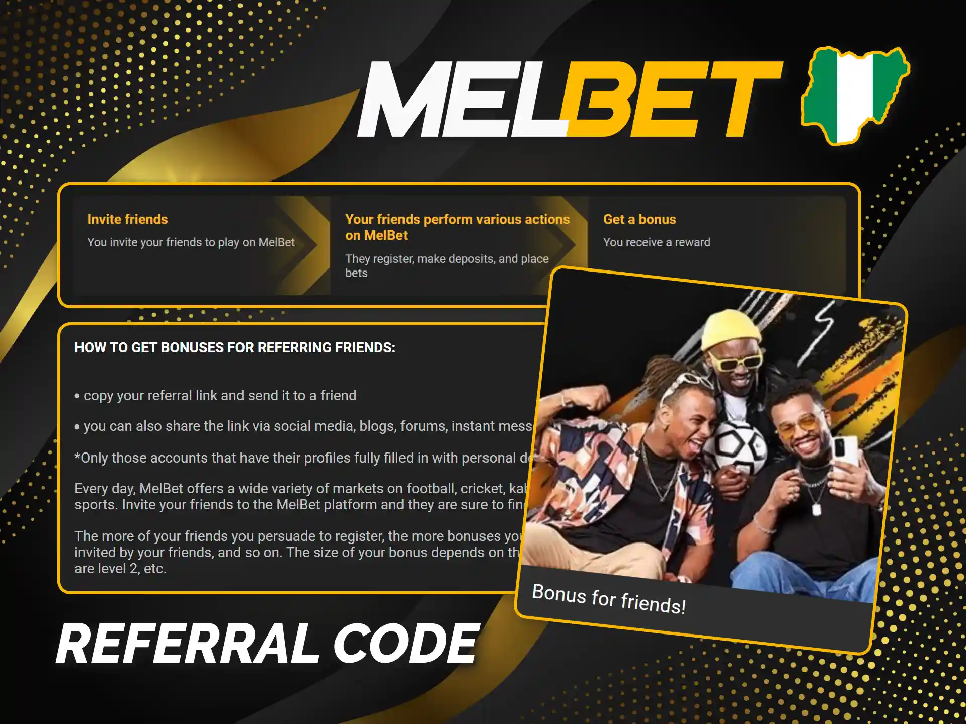 Use referral code for a bonus on Melbet Nigeria.