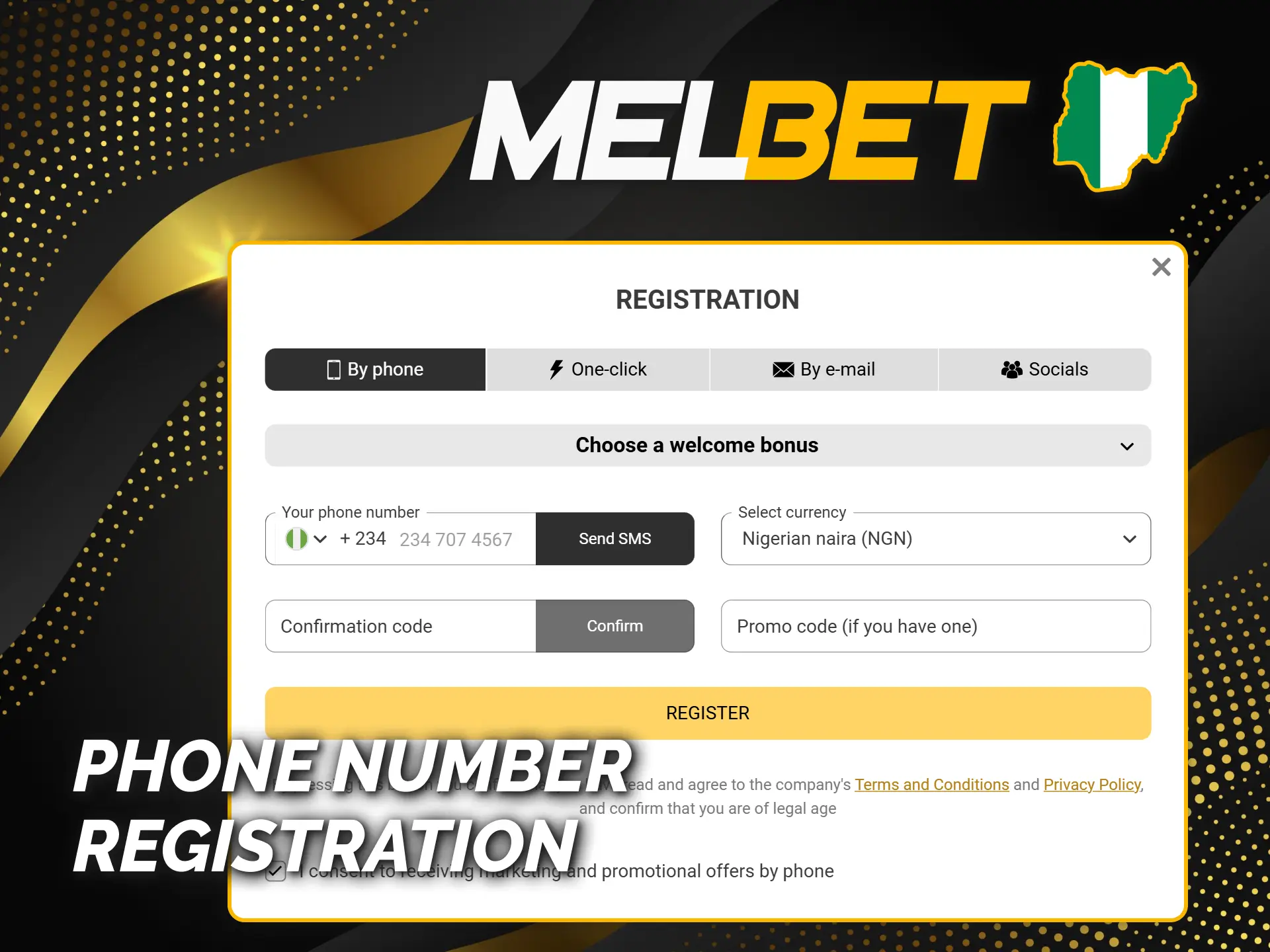 Confirm your phone to register your account at Melbet official.