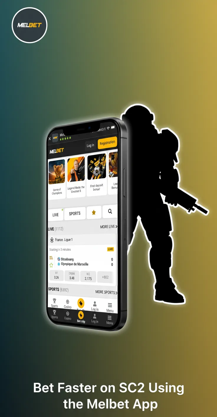 Phone showing Melbet app with StarCraft II esports betting, live odds, NGN deposits, for Android and iOS users in Nigeria.