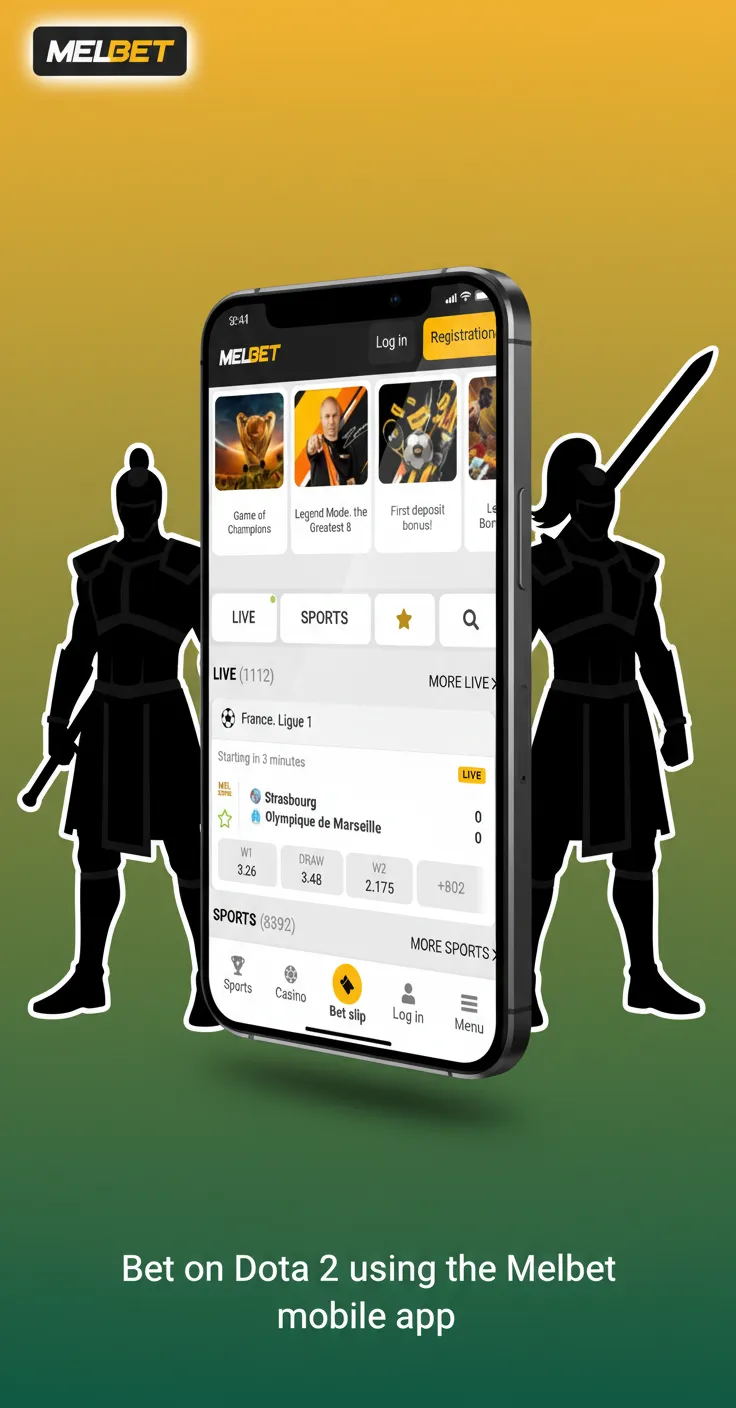 Smartphone showing Melbet app with Dota 2 betting options, live stats, push alerts, and in-play bet slip.