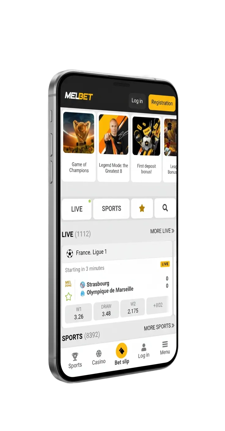 iPhone showing Melbet iOS app in Nigeria: football bets, slots, Naira cashout, bonus up to ₦2,990,000 + 190 free spins.