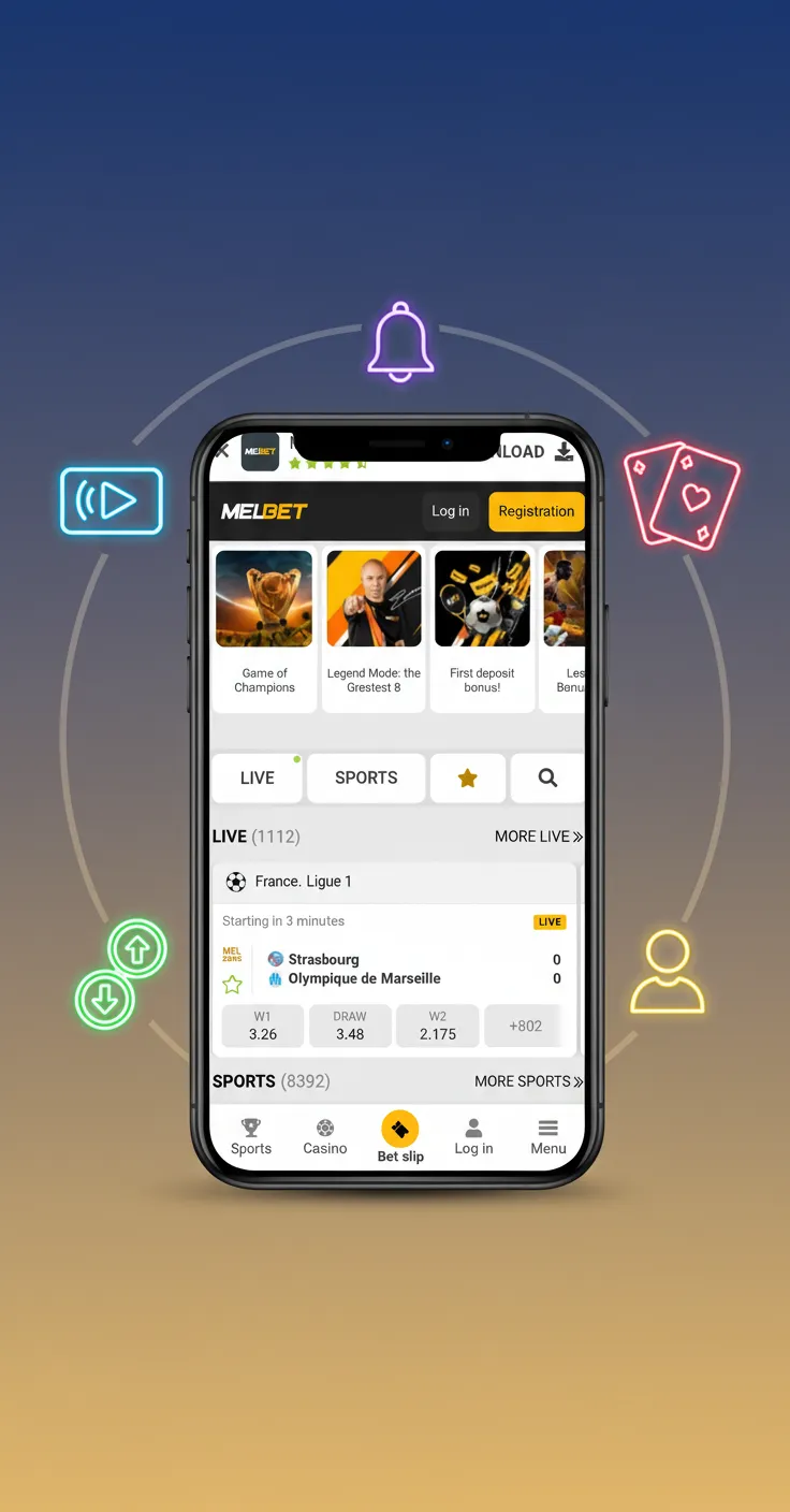 Melbet app UI on a smartphone, showing live odds, bet slip, quick search, and naira payment options plus scores and alerts.
