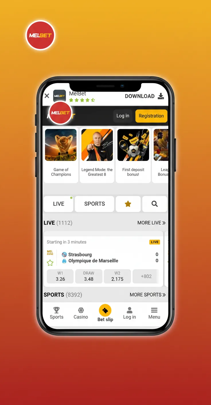 Melbet app interface with bottom tabs—Sports, Live, Casino, Bonuses—for quick access to markets, odds, and games.