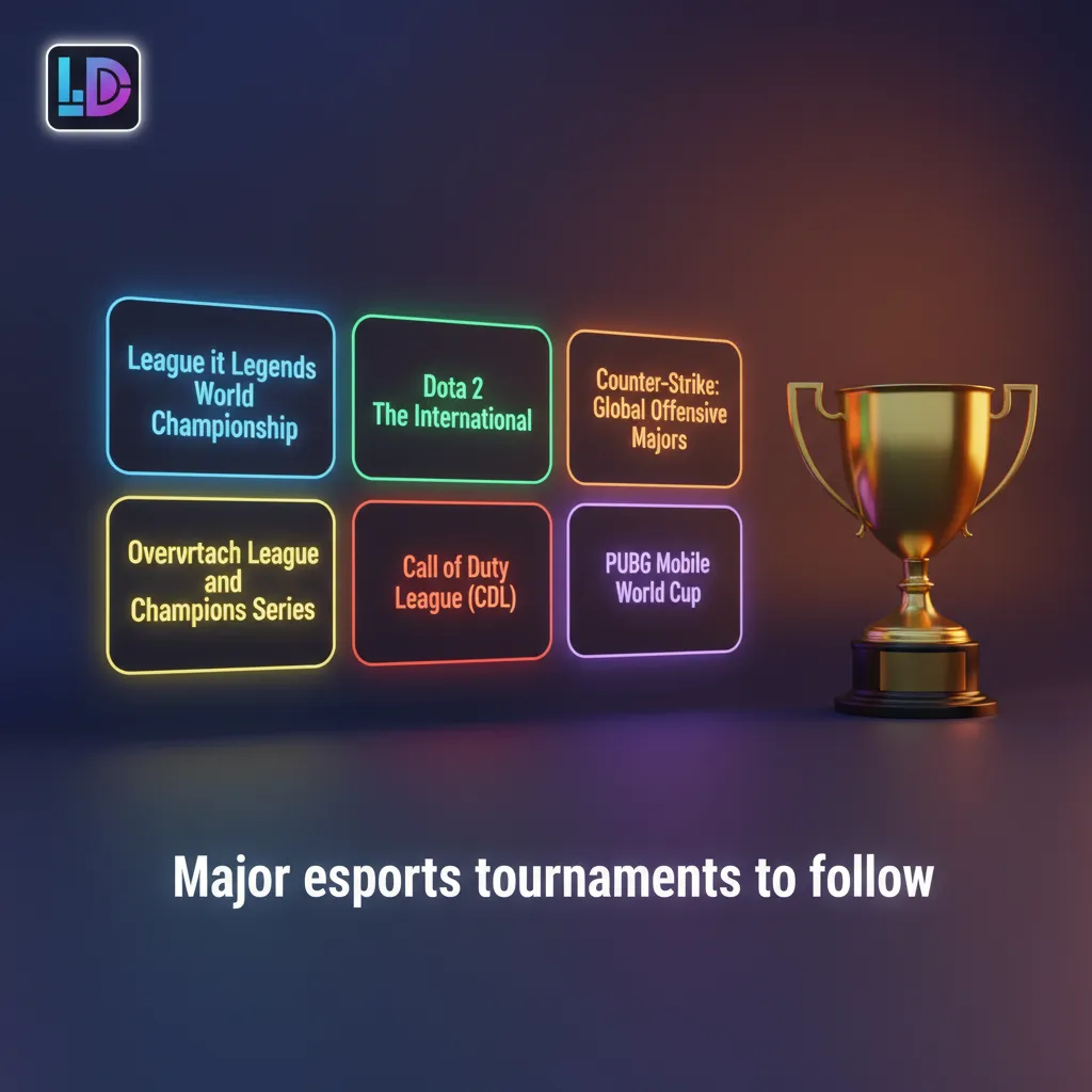 Table listing major esports tournaments by game: Dota 2, CS2, LoL, Valorant, StarCraft II, R6 Siege, MLBB.