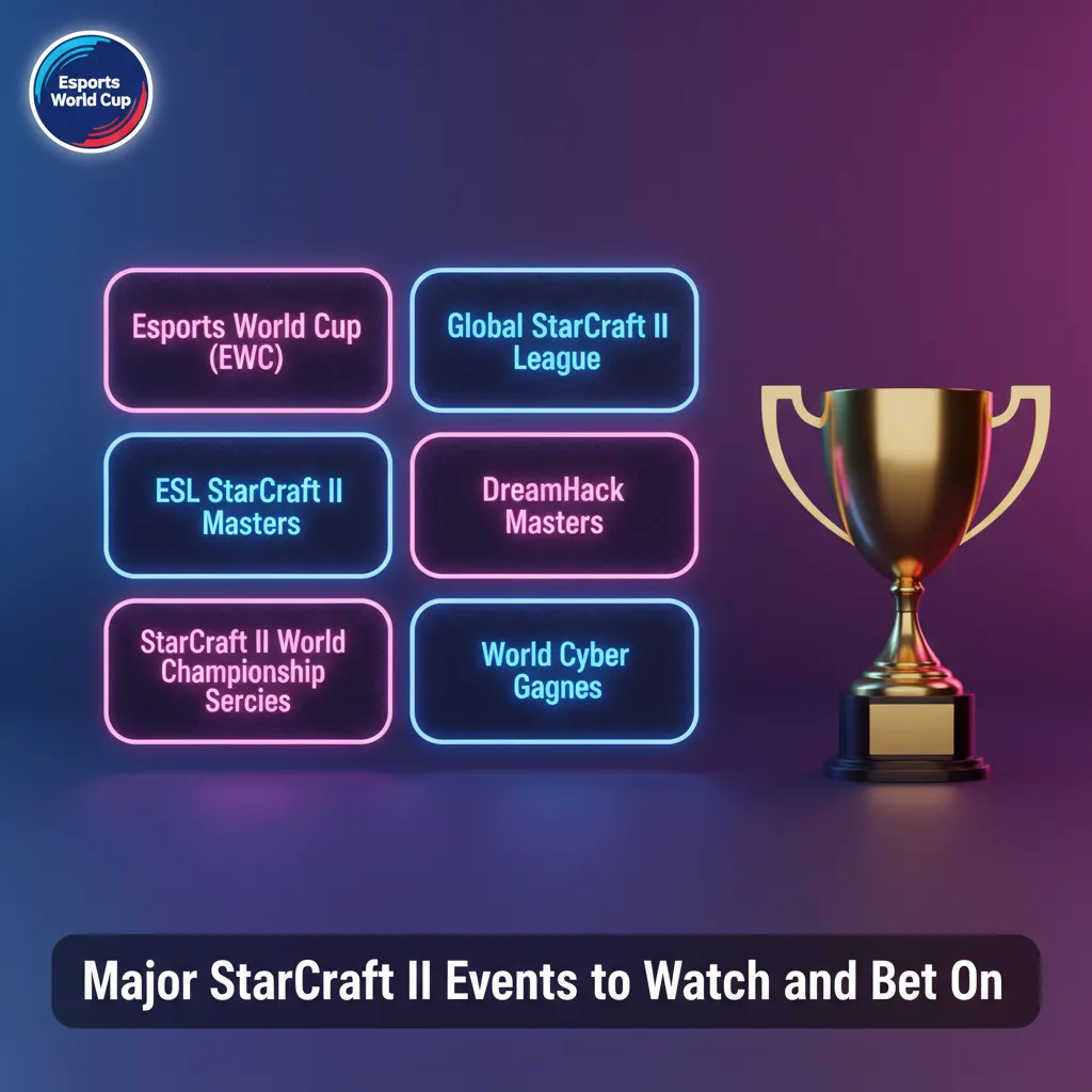 Graphic listing major StarCraft II events for betting: EWC, GSL, ESL Masters, IEM Katowice, TSL, HomeStory Cup, WTL