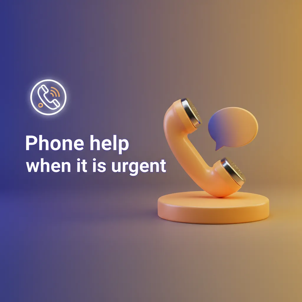 Phone and headset icon for urgent support; call the helpline via Contact page or app Help for time-sensitive issues.