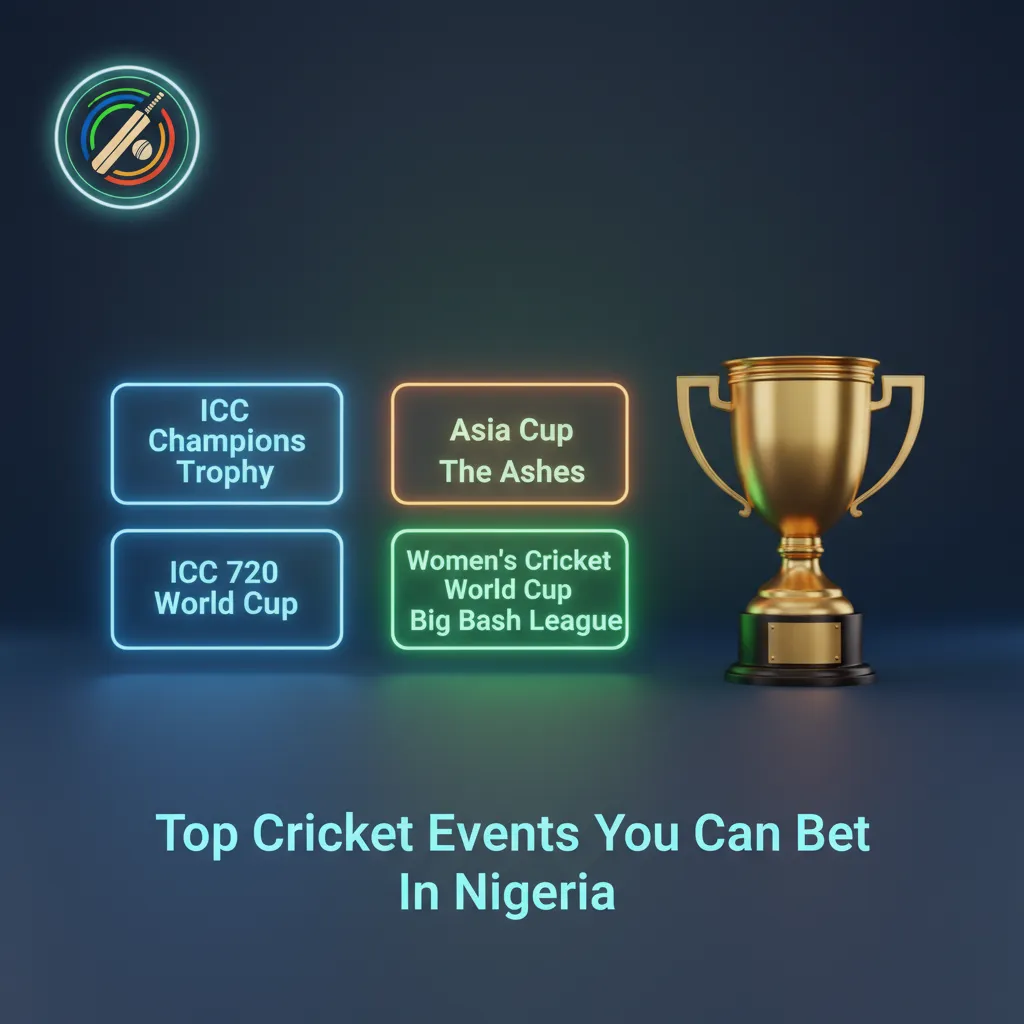 Graphic promoting top cricket betting events in Nigeria with World Cups, Ashes, IPL, BBL, PSL, CPL and live odds.