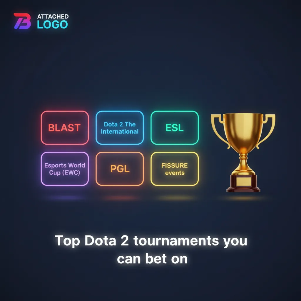 Image listing top Dota 2 tournaments to bet on: The International, BLAST, ESL, EWC, PGL, FISSURE; outright/group/map bets.