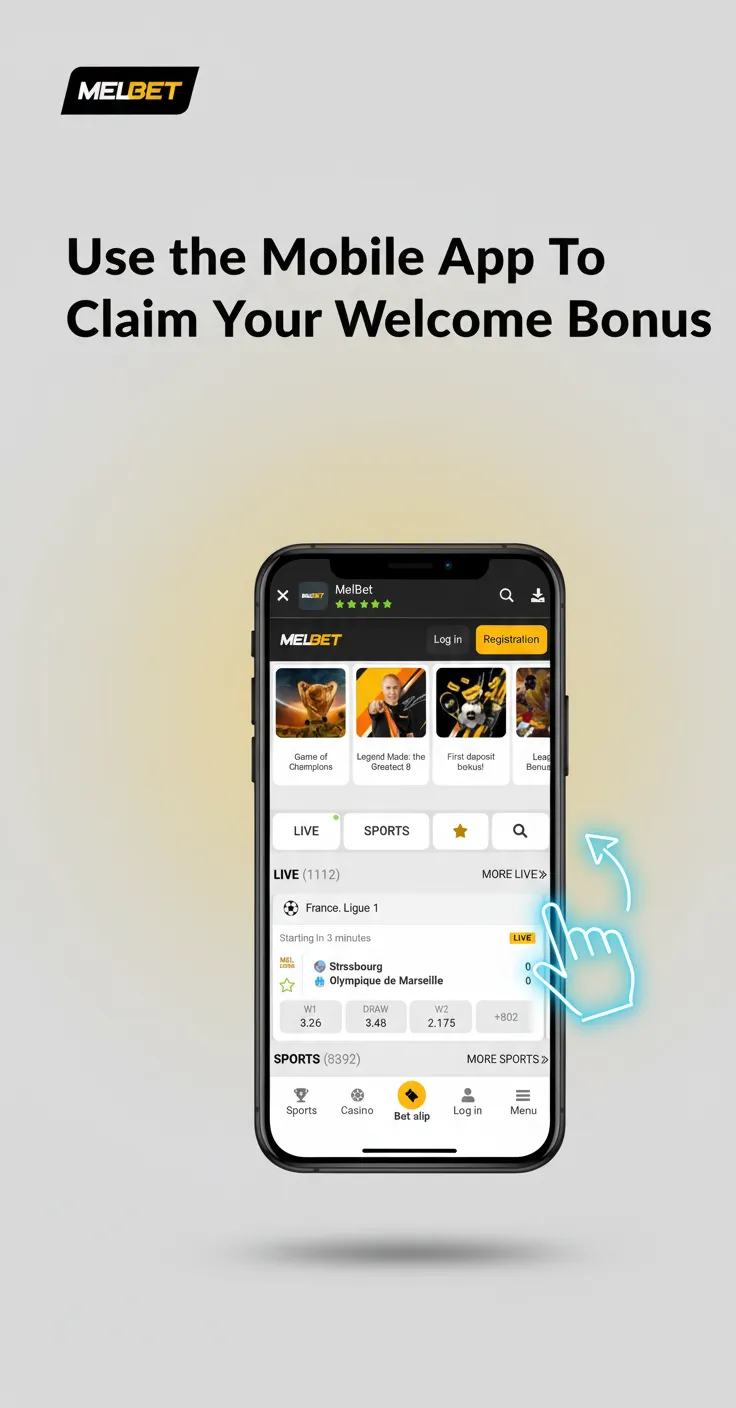 Smartphone showing Melbet app 'Welcome Bonus'; download, register, verify, deposit ₦400, accept terms, play on iOS/Android.