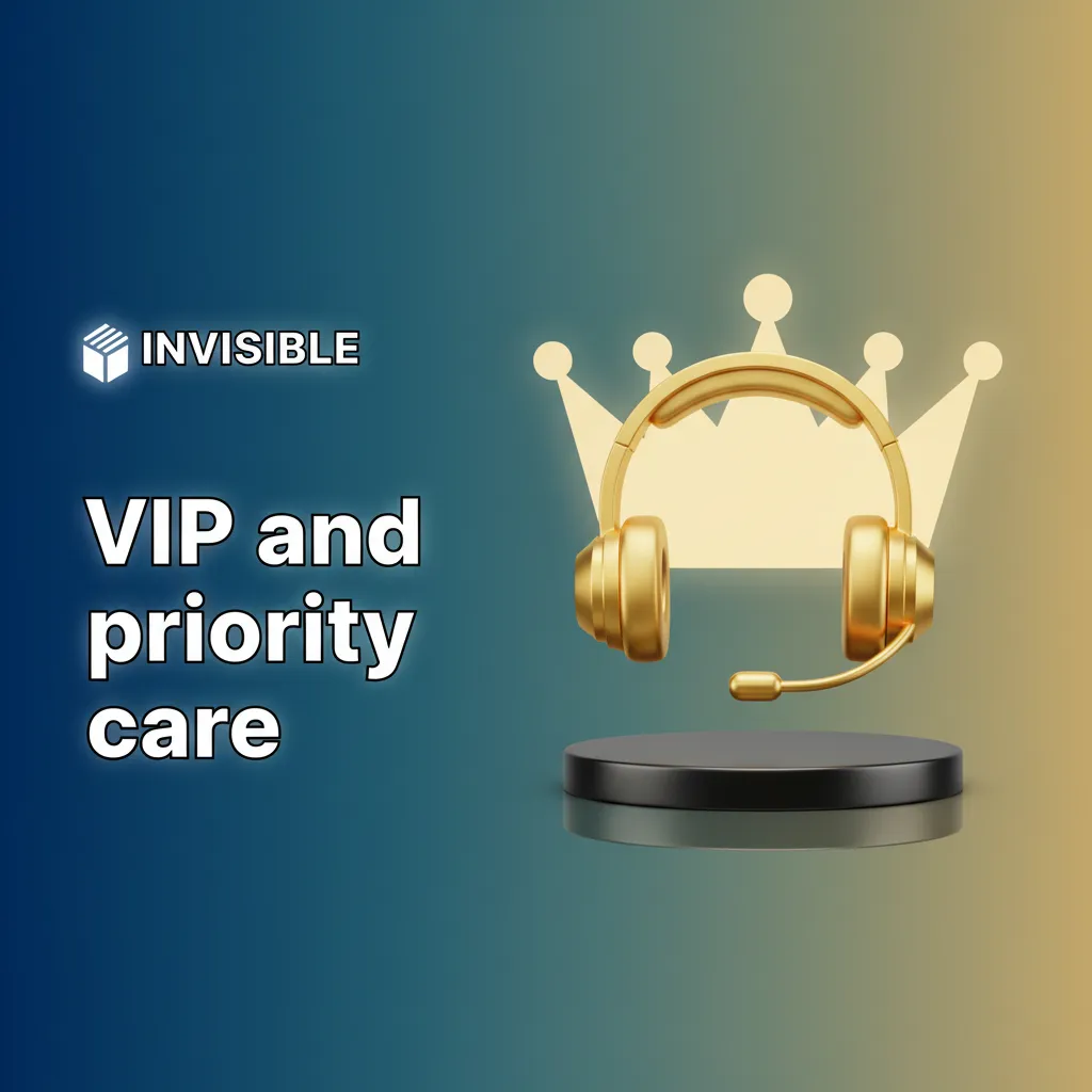 VIP and priority care screen: profile VIP tab, support headset, phone/email contacts, clock and security shield icons.