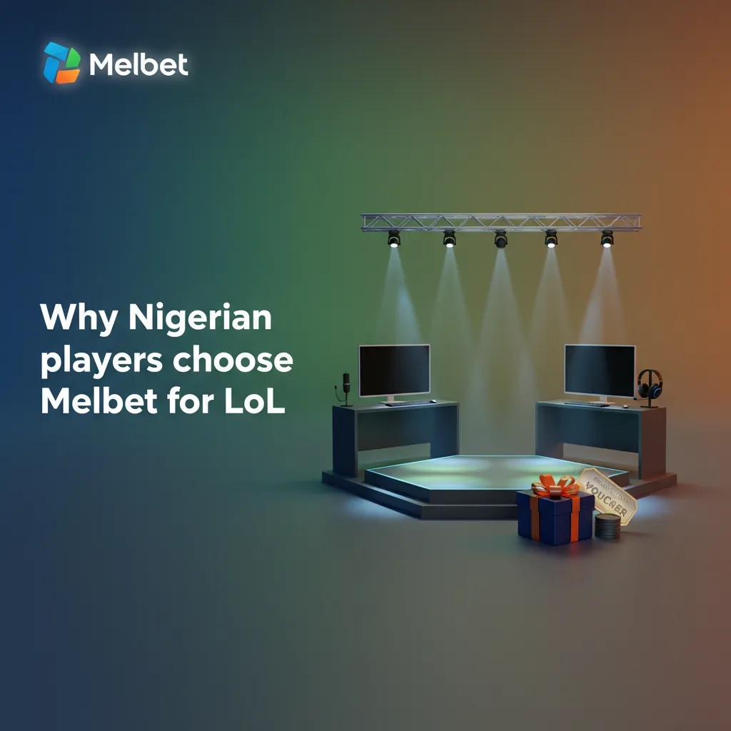 Melbet logo with Nigerian flag and LoL icons highlighting bonuses, NGN payments, high odds, 24/7 support, mobile app.