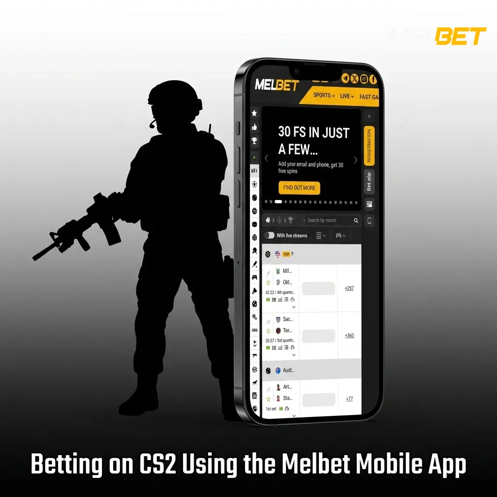 Melbet mobile app interface showing CS2 betting options with live matches and odds on smartphone screen