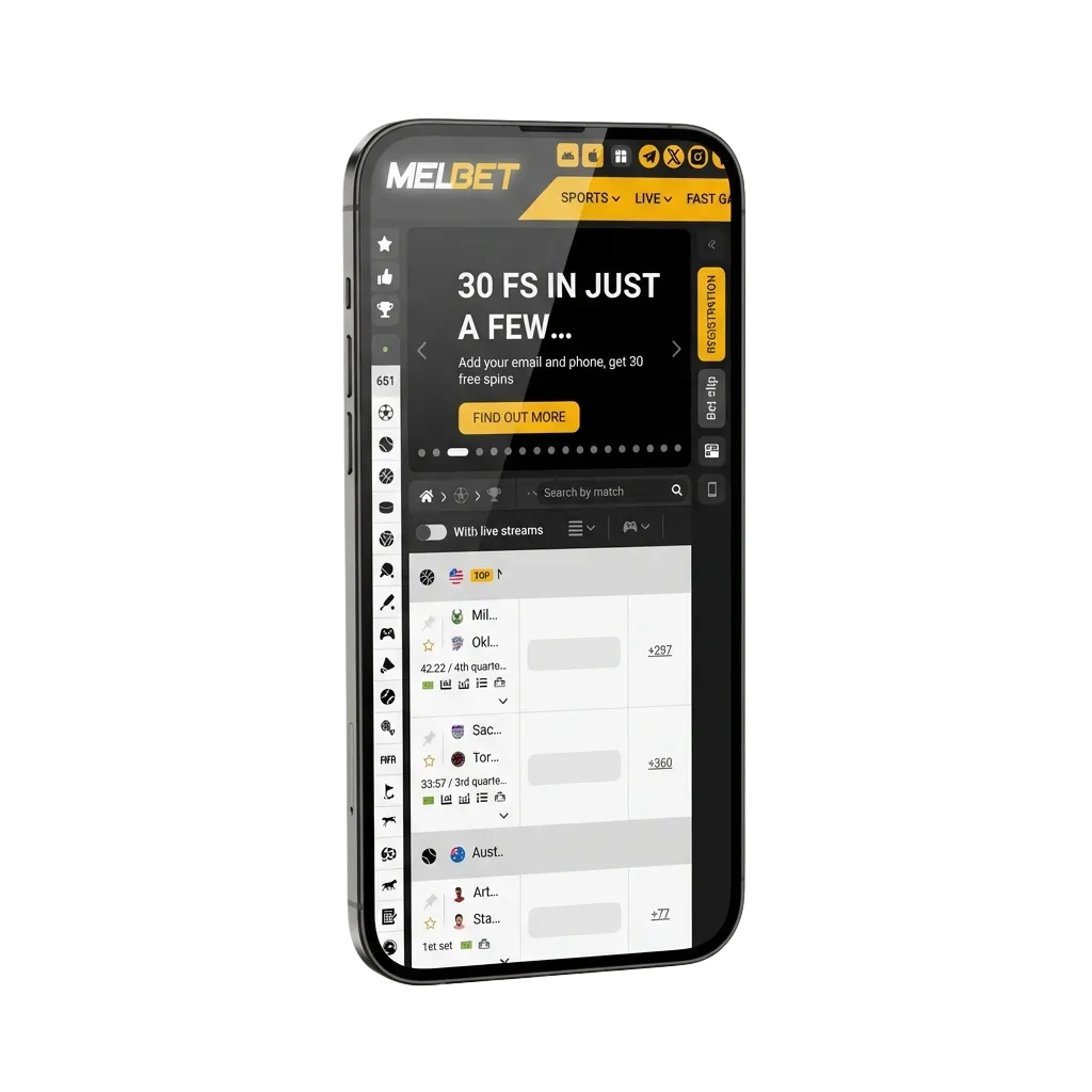 Melbet mobile app interface showing sports betting and casino games with Indian payment methods and welcome bonus offer