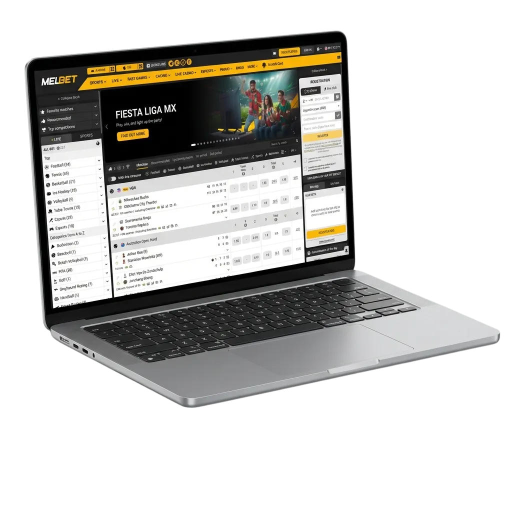 Melbet desktop app interface showing live casino games, slots, and roulette on Windows and MacOS computers