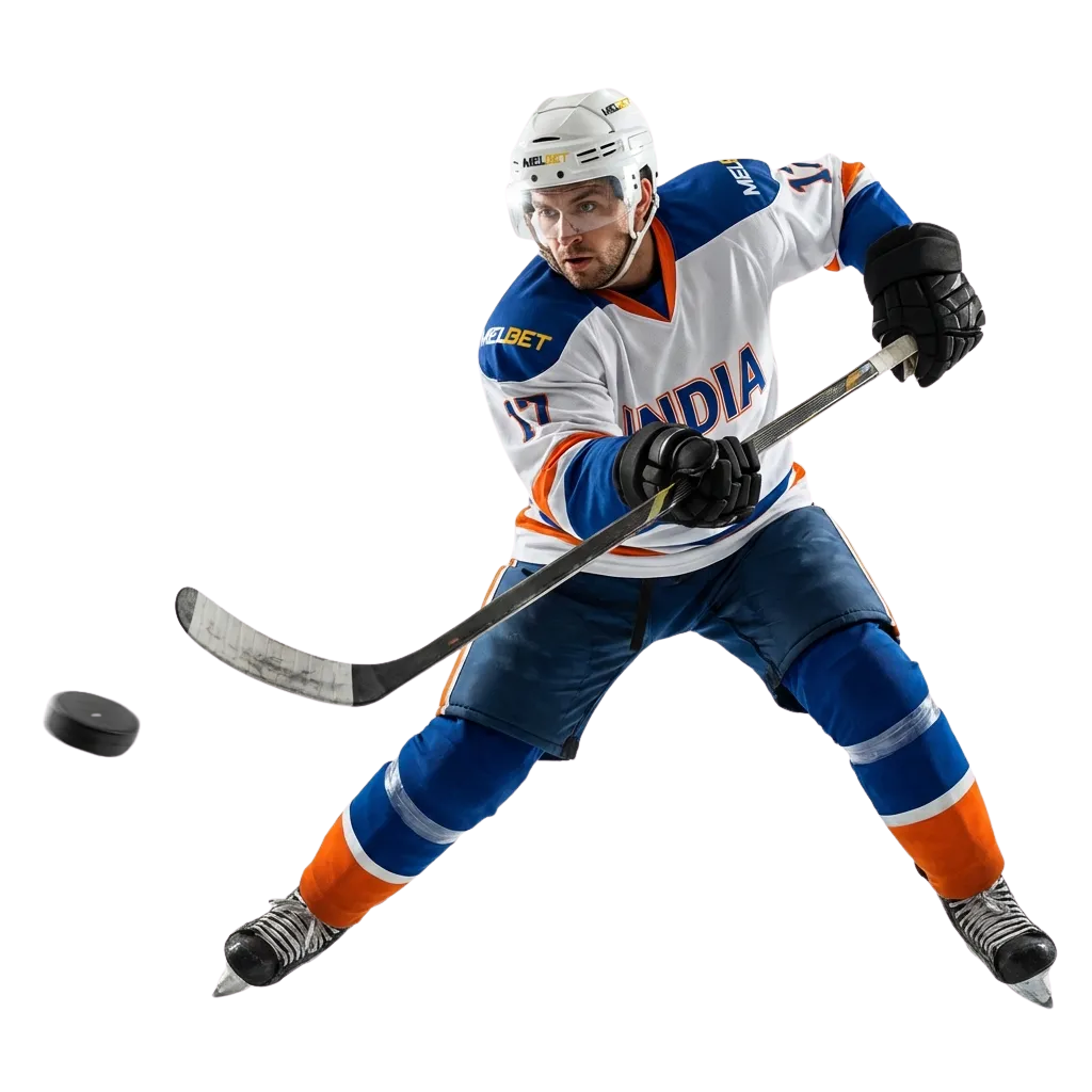 Ice hockey betting interface at Melbet showing NHL and KHL odds with live betting markets and welcome bonus offer