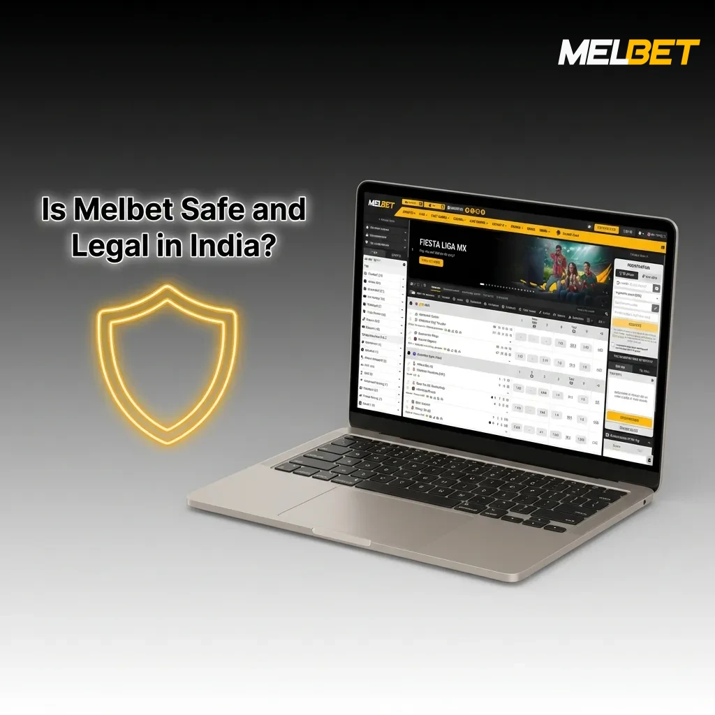 Melbet logo with security shield icon and Indian flag, representing safe and legal online betting in India