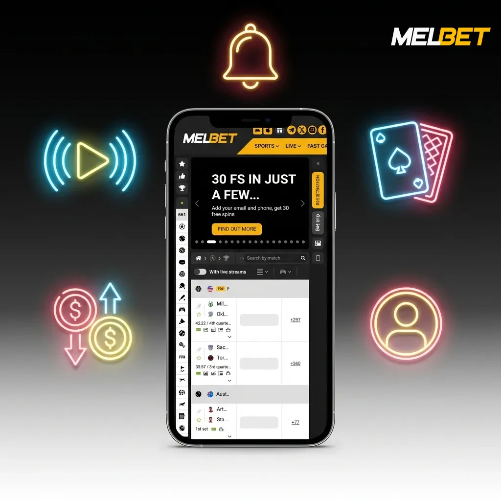 Melbet mobile app interface showing sports betting, live streaming, payment options, and casino games in one platform.