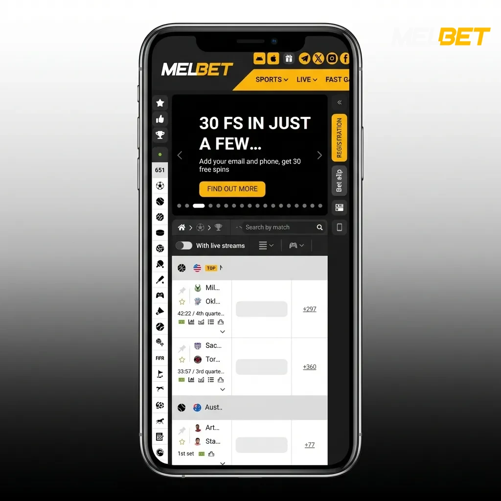 Melbet app showing clean interface with bottom navigation tabs, quick-loading betting markets and casino games on home screen
