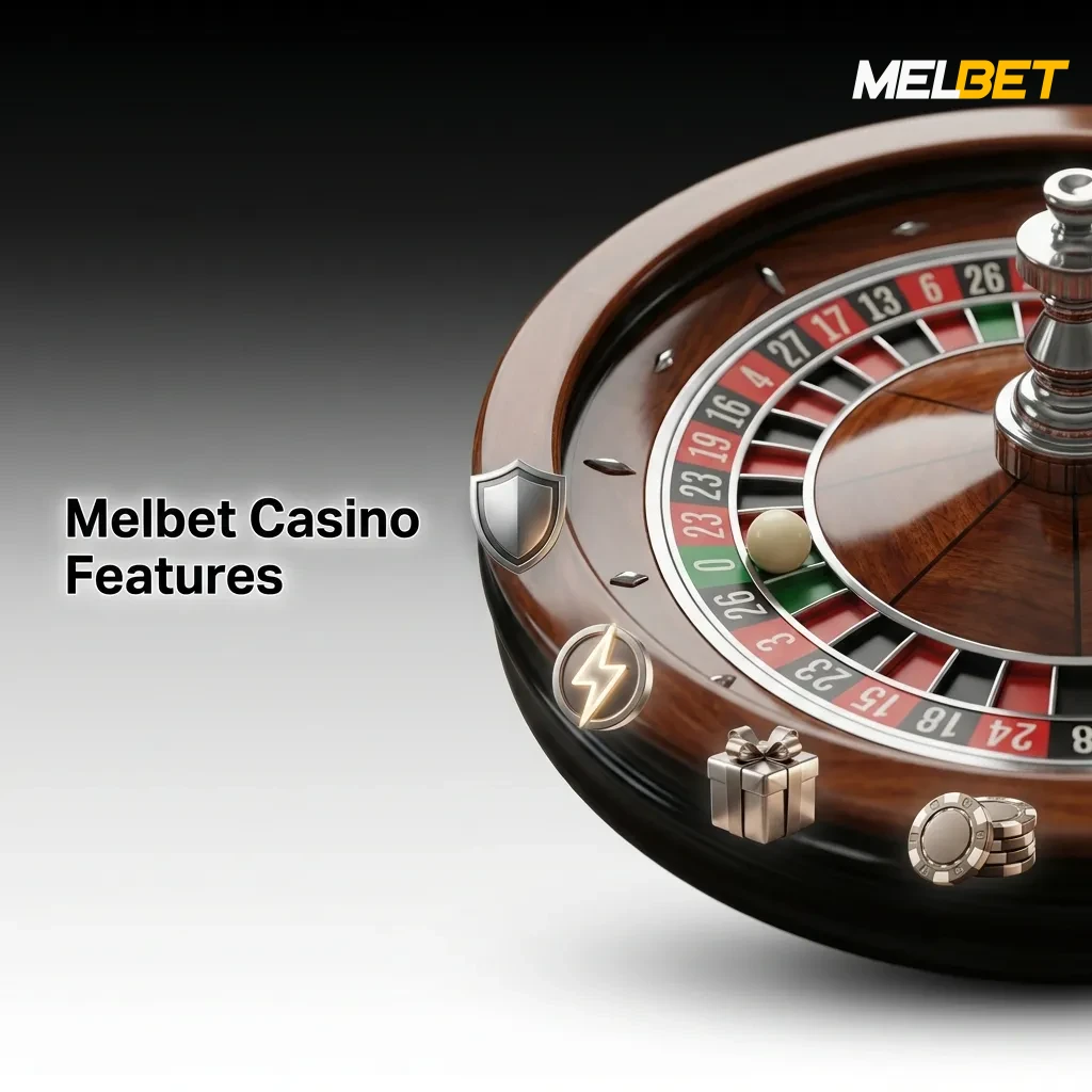 Melbet Casino features interface showing mobile app, payment options, and security badges for Nigerian players