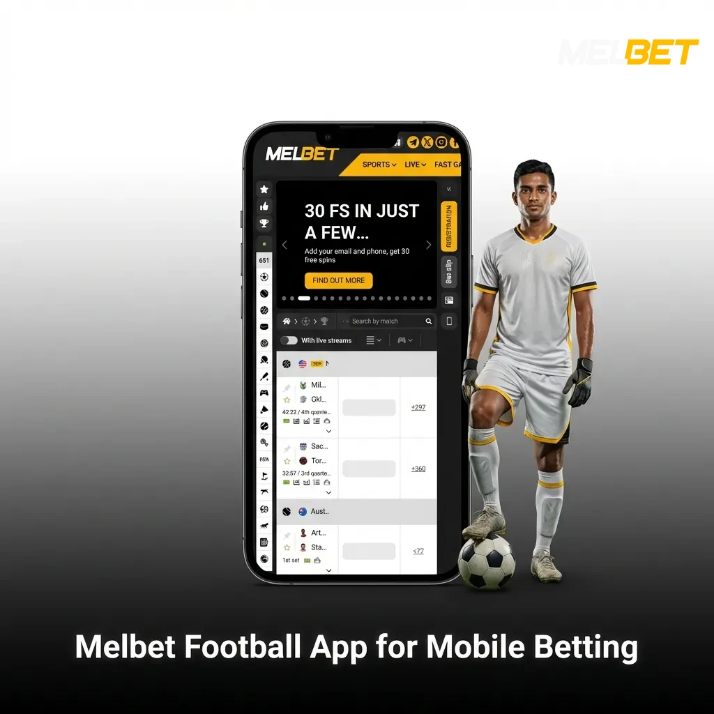 Melbet mobile app interface showing football betting markets on smartphone screen with live match options