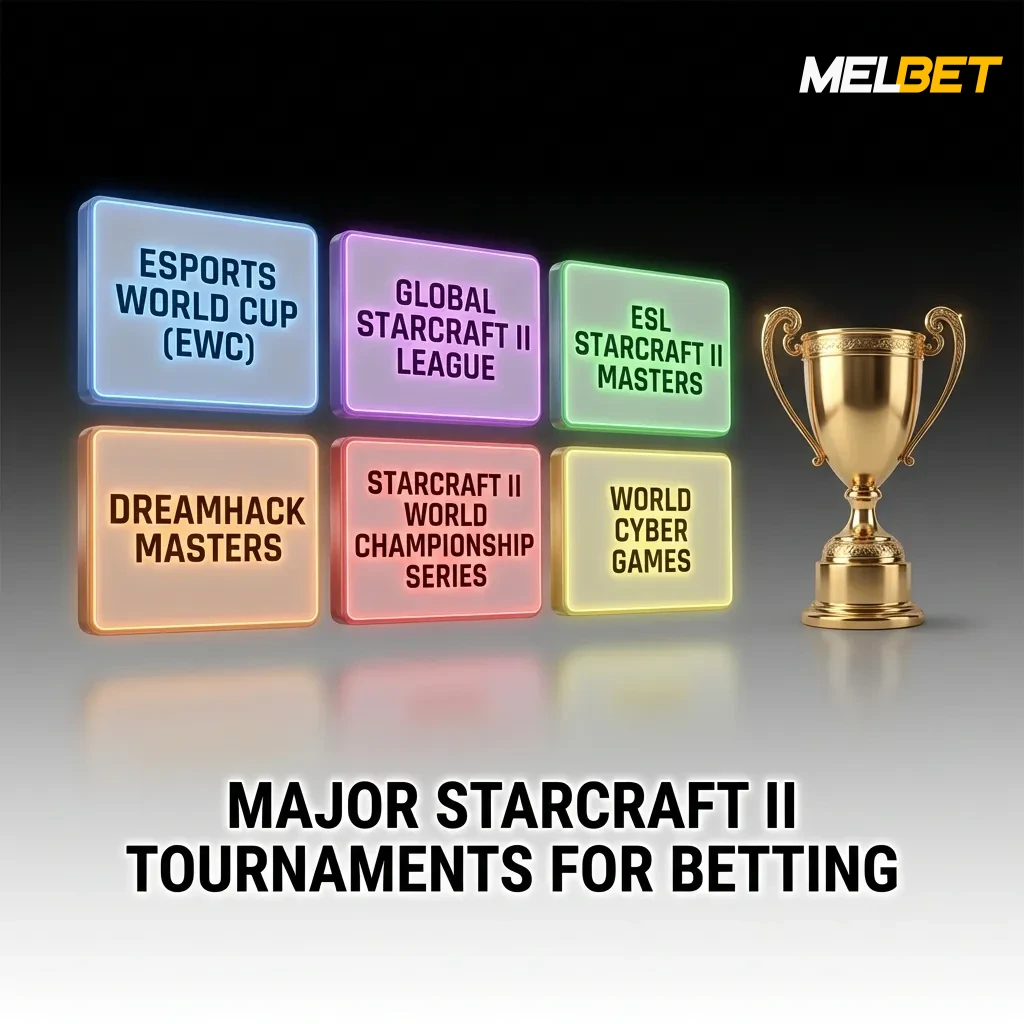 Professional StarCraft II tournament logos and championship stages displaying major esports competitions for competitive betting