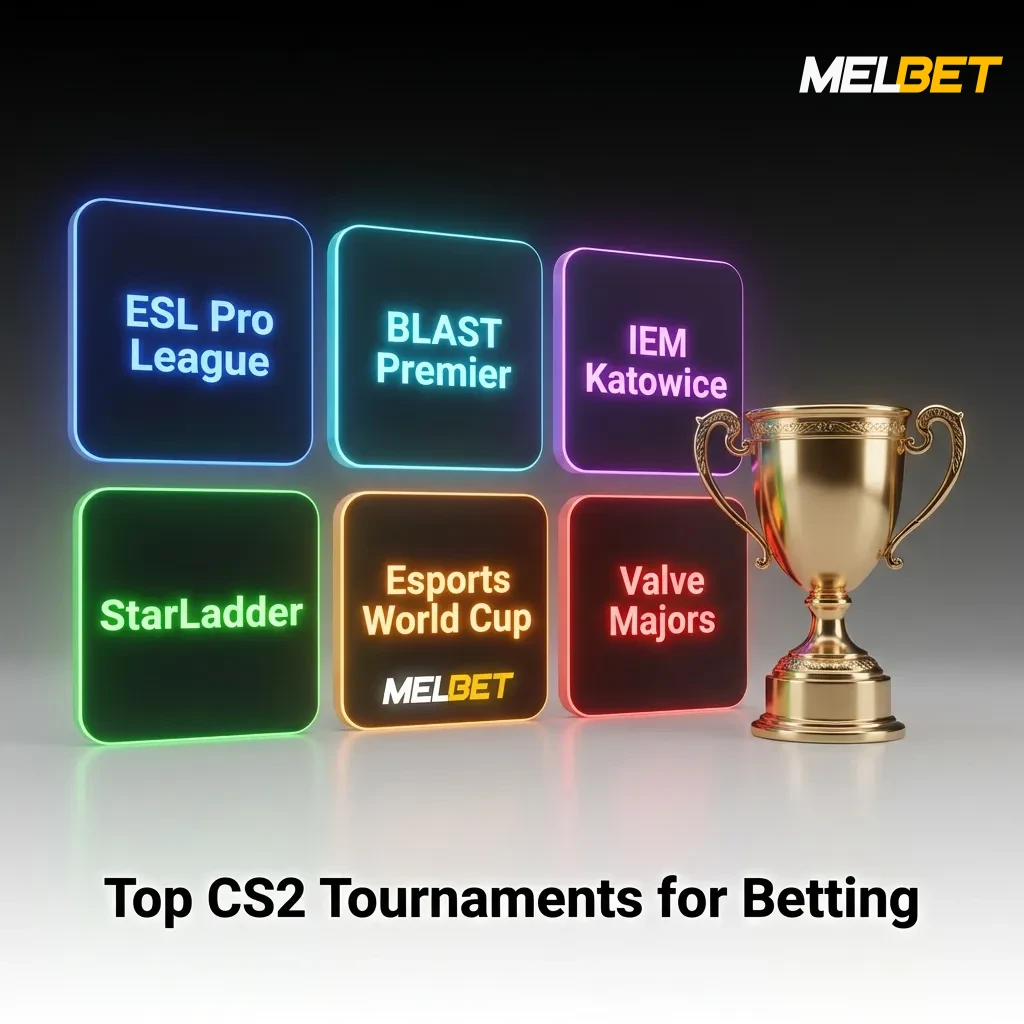 Major CS2 tournaments including ESL Pro League, BLAST Premier, IEM Katowice, and various Majors available for betting at Melbet