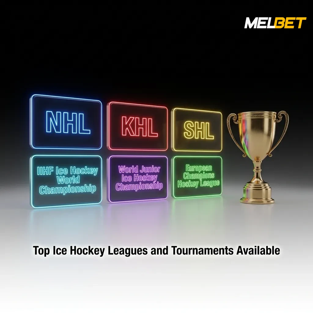 Major ice hockey leagues including NHL, KHL, SHL, and international tournaments displayed on betting platform interface