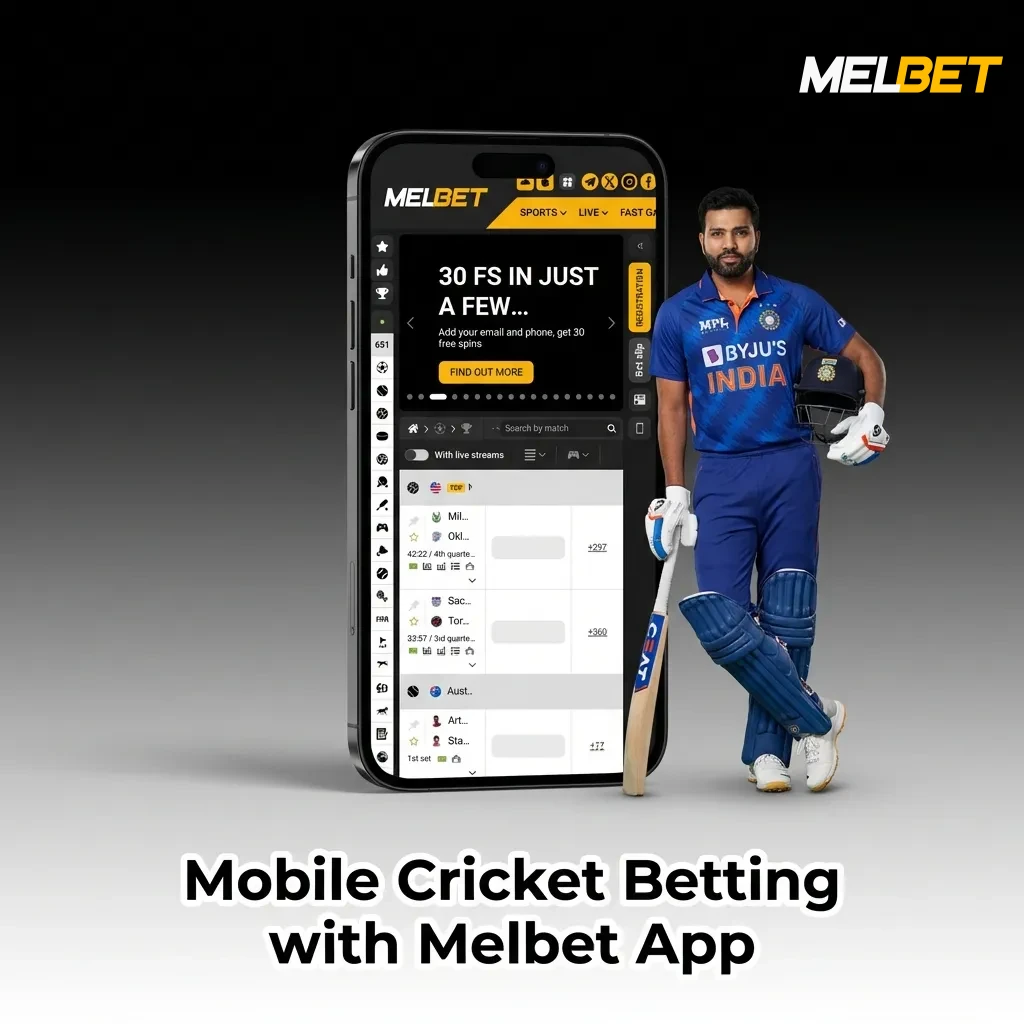 Melbet mobile app interface showing cricket betting options on smartphone screen