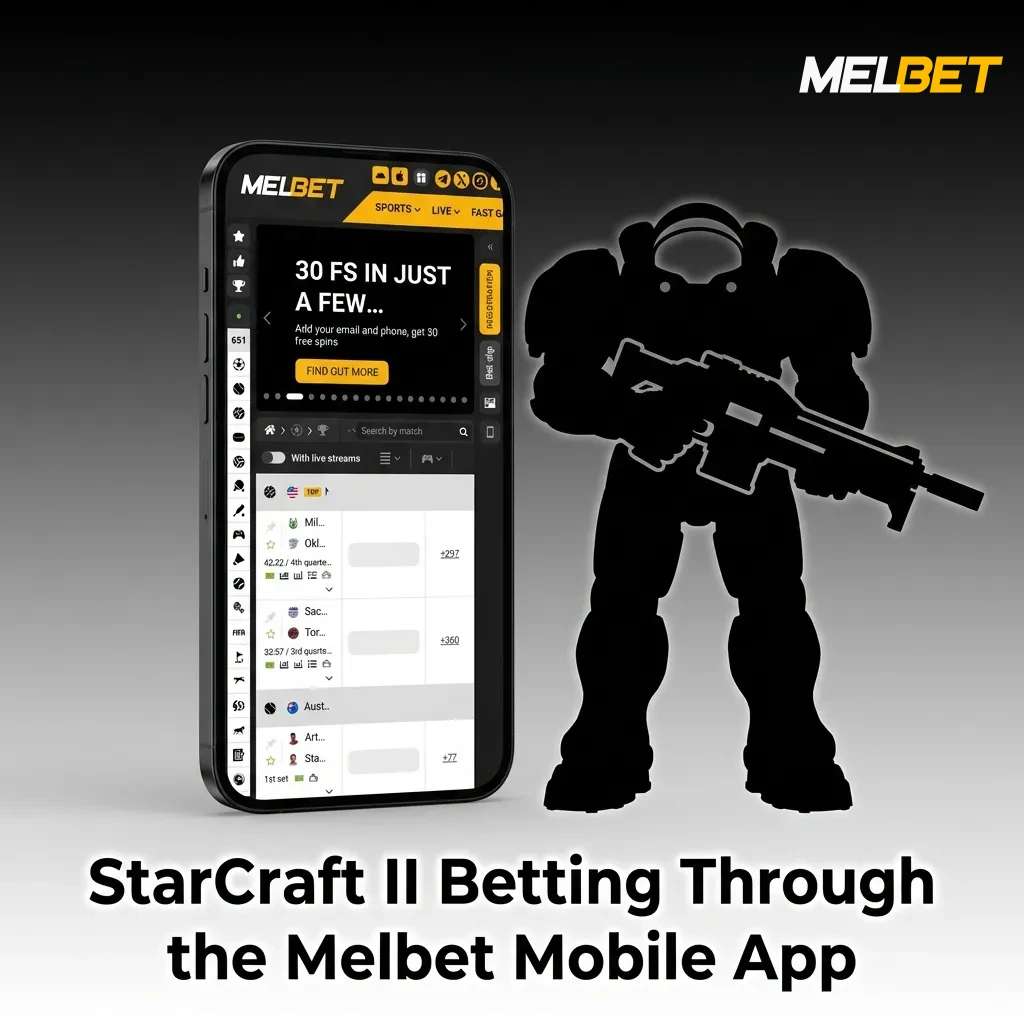 Smartphone displaying Melbet mobile app with StarCraft II betting options and esports menu interface