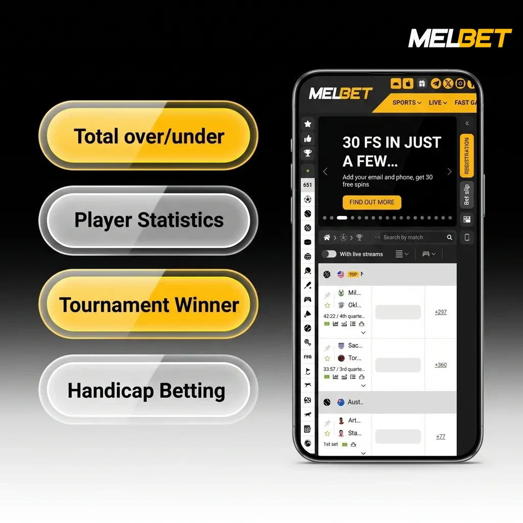 Melbet app betting options including single, accumulator, system, chain, and handicap bets displayed on screen