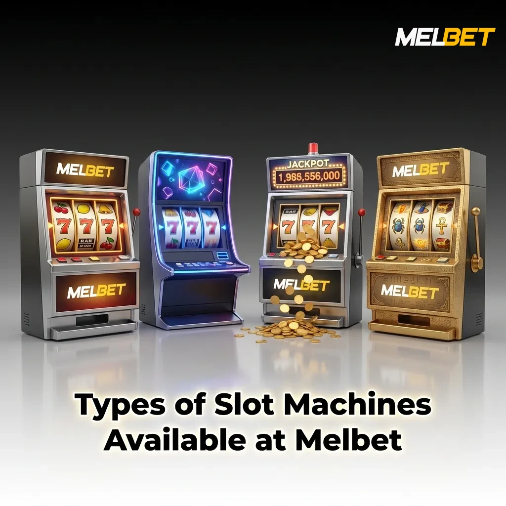 Colorful grid display of various slot machine types including classic, video, Megaways, and jackpot games at Melbet casino