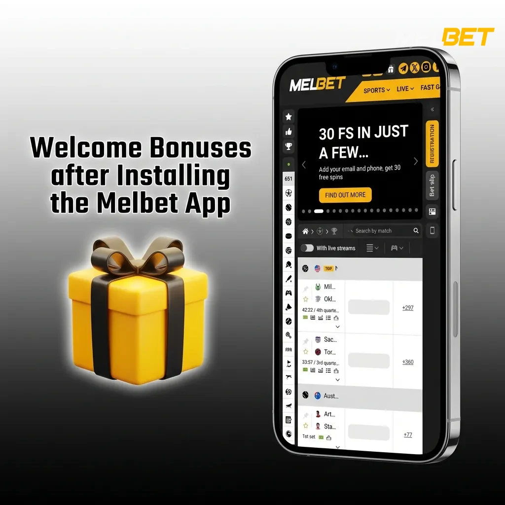Melbet app welcome bonuses including 500% first deposit bonus, sports bonus, free spins, and cashback offers for new users
